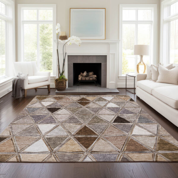 3' X 5' Brown Beige And Khaki Geometric Washable Indoor Outdoor Area Rug