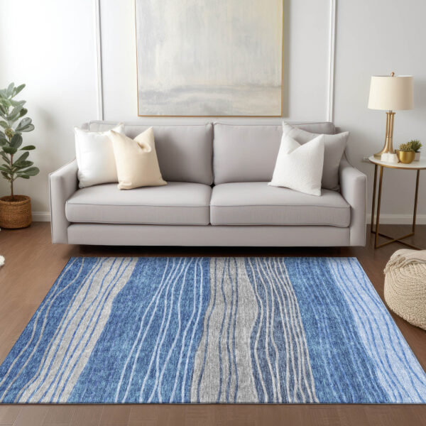 8' X 10' Navy Blue And Gray Striped Washable Indoor Outdoor Area Rug