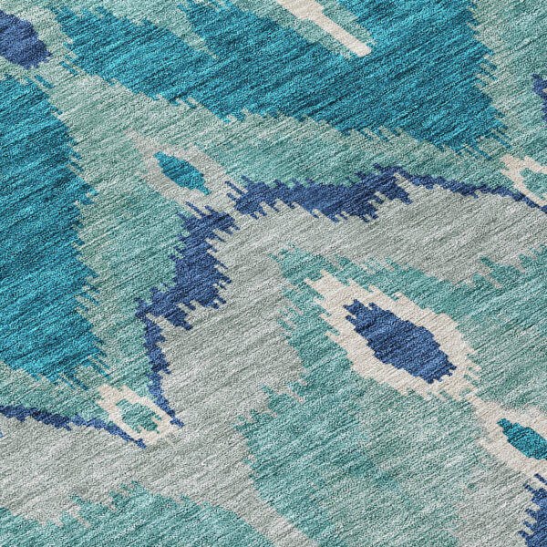 10' X 14' Teal Blue Navy Blue And Ivory Ikat Washable Indoor Outdoor Area Rug