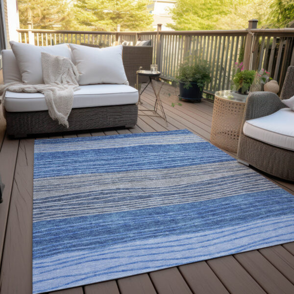 8' X 10' Navy Blue And Gray Striped Washable Indoor Outdoor Area Rug