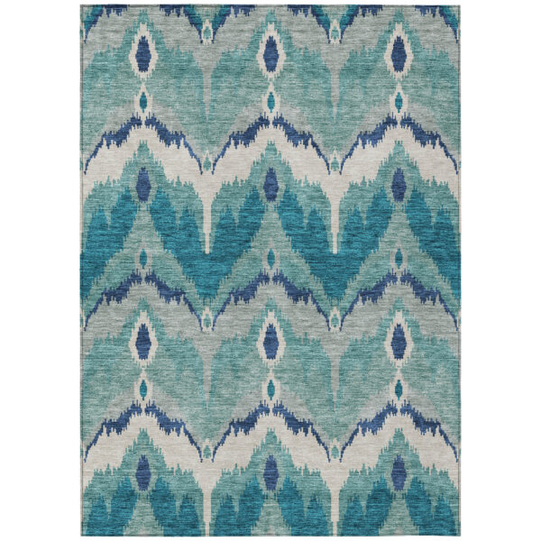 10' X 14' Teal Blue Navy Blue And Ivory Ikat Washable Indoor Outdoor Area Rug