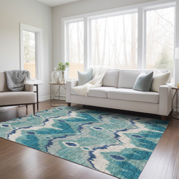 10' X 14' Teal Blue Navy Blue And Ivory Ikat Washable Indoor Outdoor Area Rug