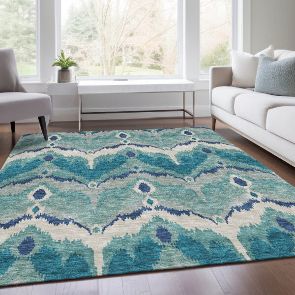 10' X 14' Teal Blue Navy Blue And Ivory Ikat Washable Indoor Outdoor Area Rug