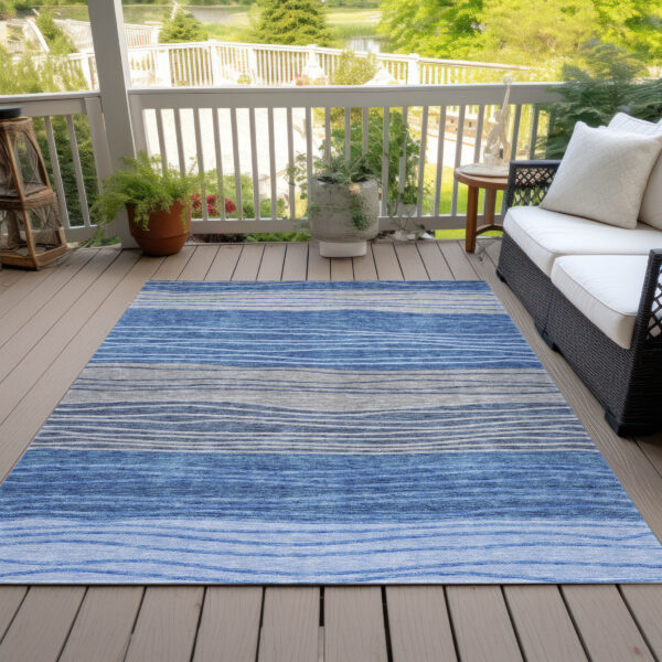 8' X 10' Navy Blue And Gray Striped Washable Indoor Outdoor Area Rug