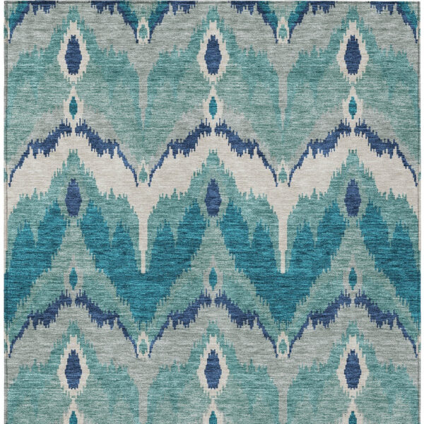 10' X 14' Teal Blue Navy Blue And Ivory Ikat Washable Indoor Outdoor Area Rug