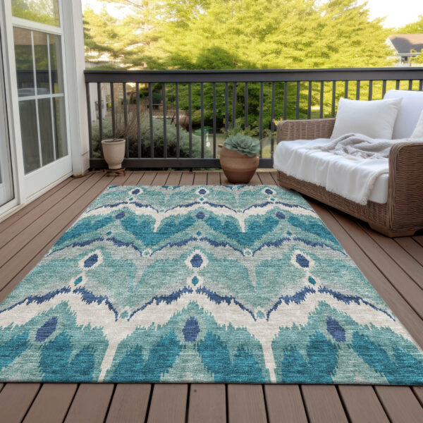 10' X 14' Teal Blue Navy Blue And Ivory Ikat Washable Indoor Outdoor Area Rug