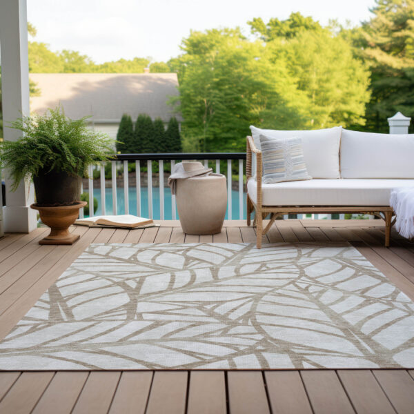10' X 14' Beige And Brown Floral Washable Indoor Outdoor Area Rug