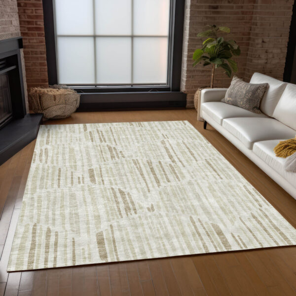5' X 8' Ivory Beige And Taupe Abstract Washable Indoor Outdoor Area Rug