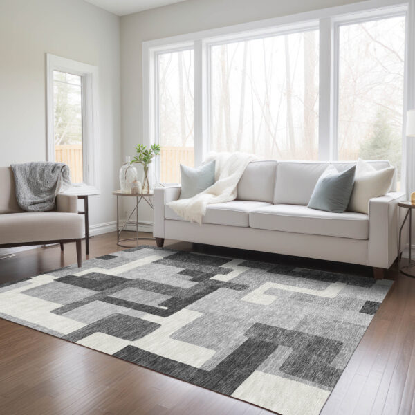8' X 10' Gray Charcoal And Silver Abstract Washable Indoor Outdoor Area Rug