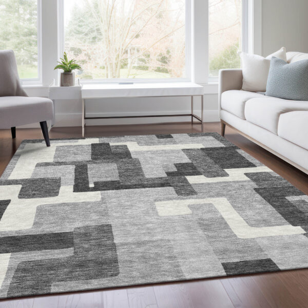 8' X 10' Gray Charcoal And Silver Abstract Washable Indoor Outdoor Area Rug