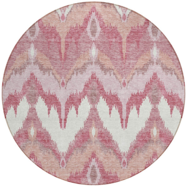 8' Blush Mauve And Ivory Round Ikat Washable Indoor Outdoor Area Rug