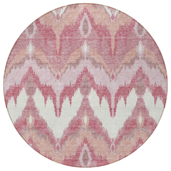 8' Blush Mauve And Ivory Round Ikat Washable Indoor Outdoor Area Rug