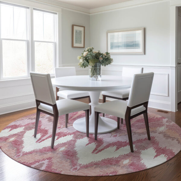 8' Blush Mauve And Ivory Round Ikat Washable Indoor Outdoor Area Rug