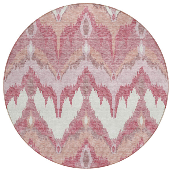 8' Blush Mauve And Ivory Round Ikat Washable Indoor Outdoor Area Rug