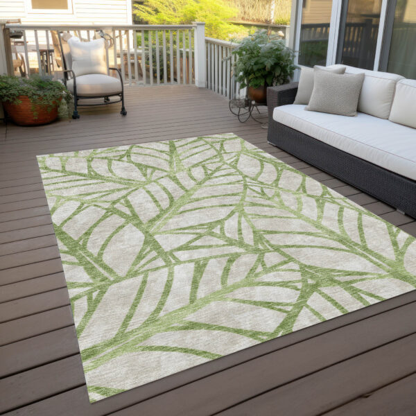 8' X 10' Artichoke Green And Beige Floral Washable Indoor Outdoor Area Rug