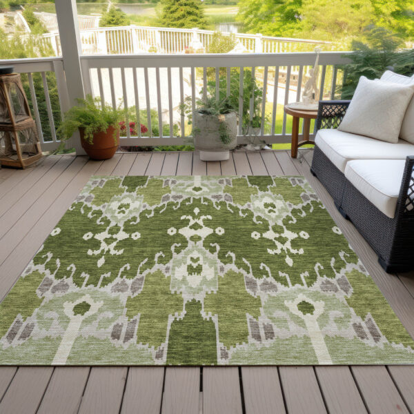 10' X 14' Olive Green And Artichoke Green Ikat Washable Indoor Outdoor Area Rug