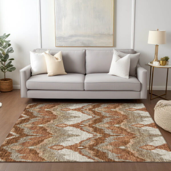 8' X 10' Orange Beige And Copper Ikat Washable Indoor Outdoor Area Rug