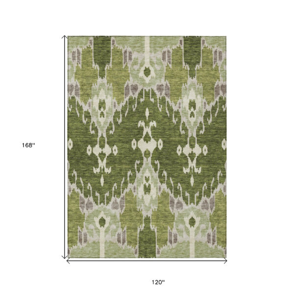 10' X 14' Olive Green And Artichoke Green Ikat Washable Indoor Outdoor Area Rug