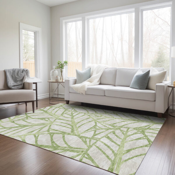 8' X 10' Artichoke Green And Beige Floral Washable Indoor Outdoor Area Rug