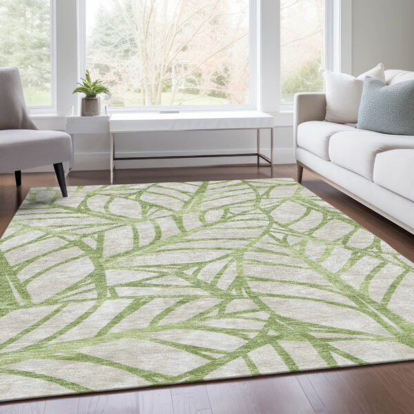 8' X 10' Artichoke Green And Beige Floral Washable Indoor Outdoor Area Rug