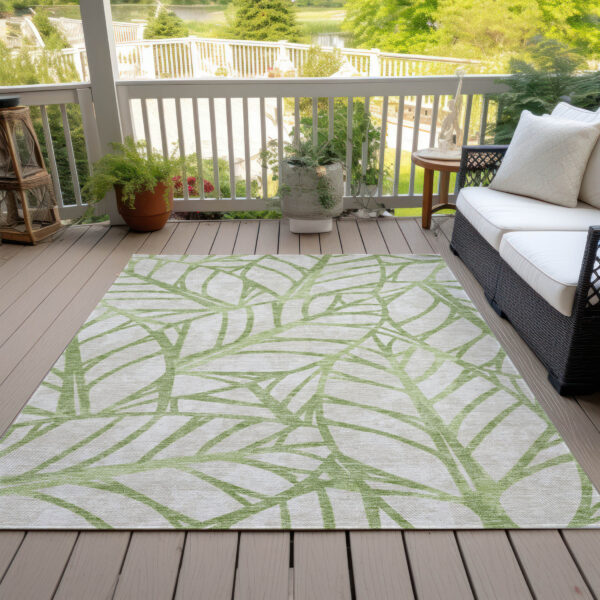 8' X 10' Artichoke Green And Beige Floral Washable Indoor Outdoor Area Rug
