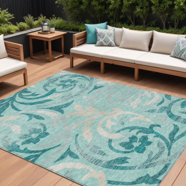 8' X 10' Teal Blue Aqua And Beige Floral Washable Indoor Outdoor Area Rug