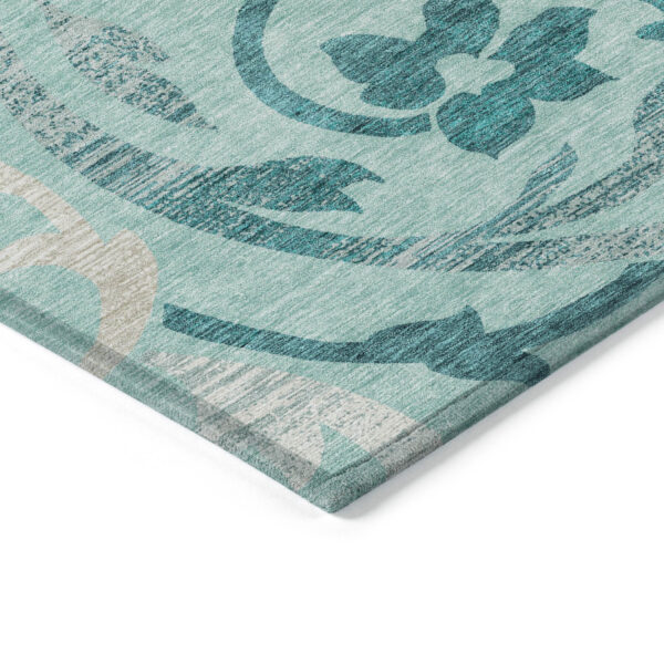 8' X 10' Teal Blue Aqua And Beige Floral Washable Indoor Outdoor Area Rug