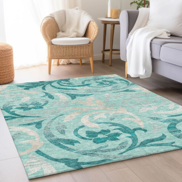 8' X 10' Teal Blue Aqua And Beige Floral Washable Indoor Outdoor Area Rug