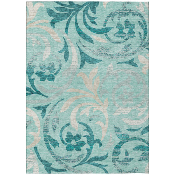 8' X 10' Teal Blue Aqua And Beige Floral Washable Indoor Outdoor Area Rug
