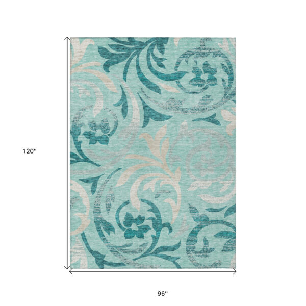 8' X 10' Teal Blue Aqua And Beige Floral Washable Indoor Outdoor Area Rug