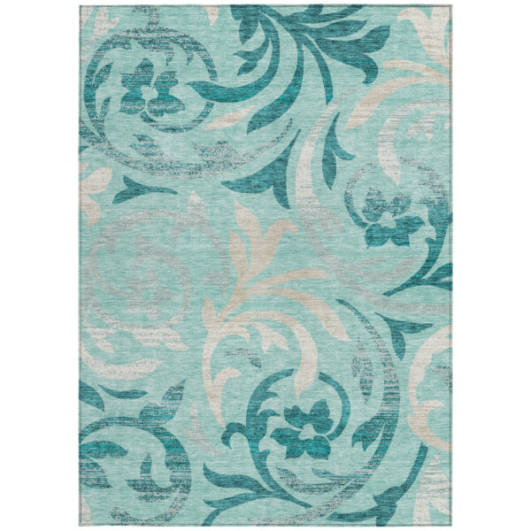 8' X 10' Teal Blue Aqua And Beige Floral Washable Indoor Outdoor Area Rug