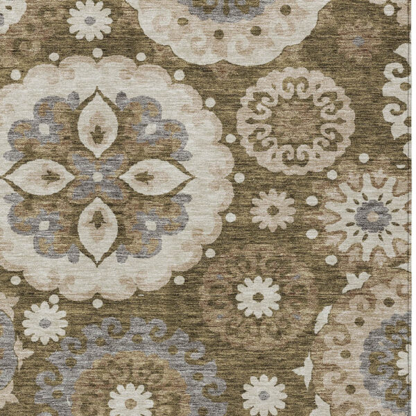 9' X 12' Brown Ivory And Beige Floral Medallion Washable Indoor Outdoor Area Rug
