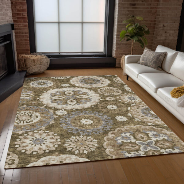 9' X 12' Brown Ivory And Beige Floral Medallion Washable Indoor Outdoor Area Rug