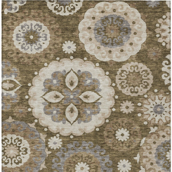 9' X 12' Brown Ivory And Beige Floral Medallion Washable Indoor Outdoor Area Rug