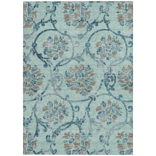 8' X 10' Teal Blue Gray And Aqua Floral Washable Indoor Outdoor Area Rug