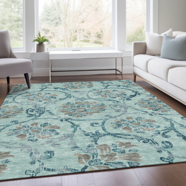 8' X 10' Teal Blue Gray And Aqua Floral Washable Indoor Outdoor Area Rug