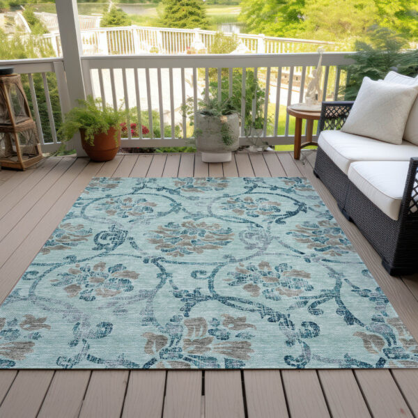 8' X 10' Teal Blue Gray And Aqua Floral Washable Indoor Outdoor Area Rug