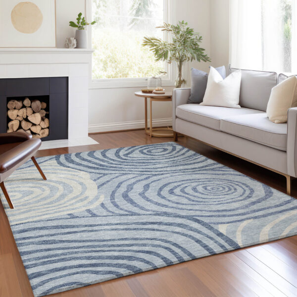 10' X 14' Sky Blue Denim Blue And Ivory Abstract Washable Indoor Outdoor Area Rug
