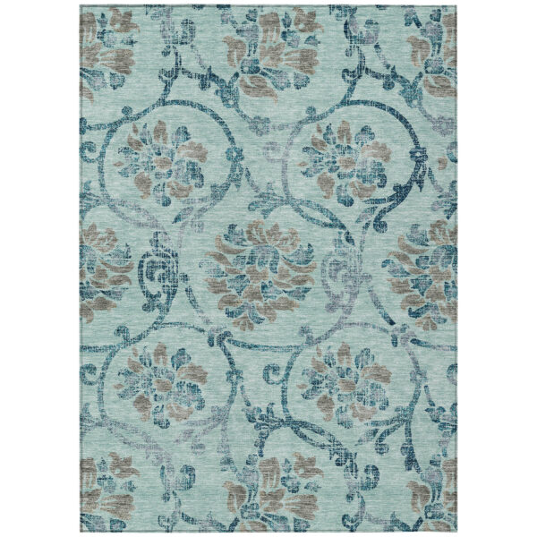 8' X 10' Teal Blue Gray And Aqua Floral Washable Indoor Outdoor Area Rug