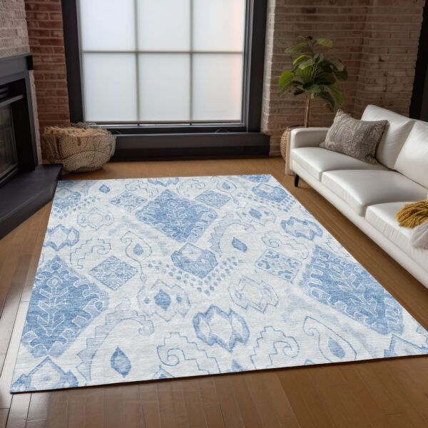 10' X 14' Denim Blue And Sky Blue Moroccan Washable Indoor Outdoor Area Rug