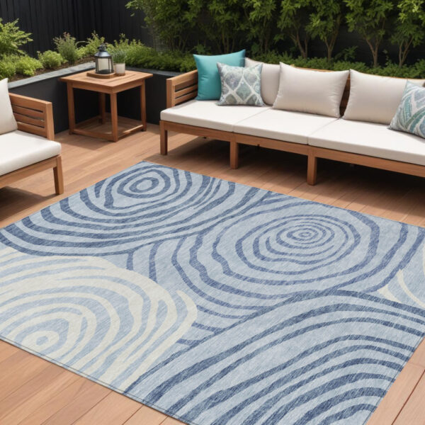 10' X 14' Sky Blue Denim Blue And Ivory Abstract Washable Indoor Outdoor Area Rug