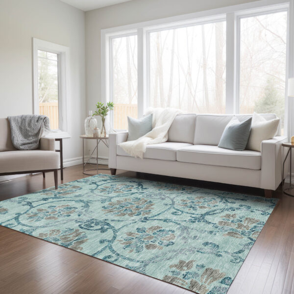 8' X 10' Teal Blue Gray And Aqua Floral Washable Indoor Outdoor Area Rug