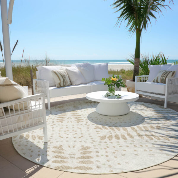 8' Beige Taupe And Tan Round Floral Washable Indoor Outdoor Area Rug