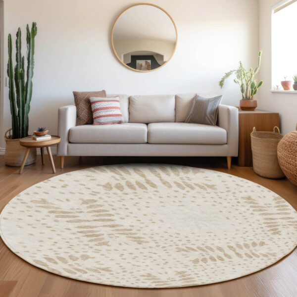 8' Beige Taupe And Tan Round Floral Washable Indoor Outdoor Area Rug