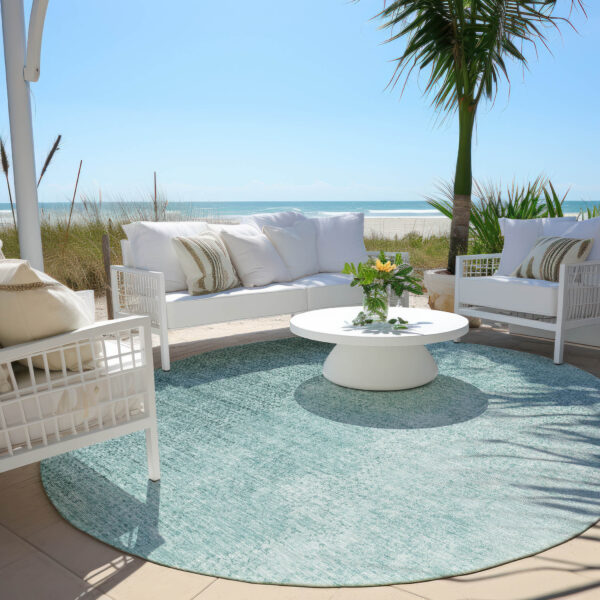 8' Teal Blue And Aqua Round Abstract Washable Indoor Outdoor Area Rug