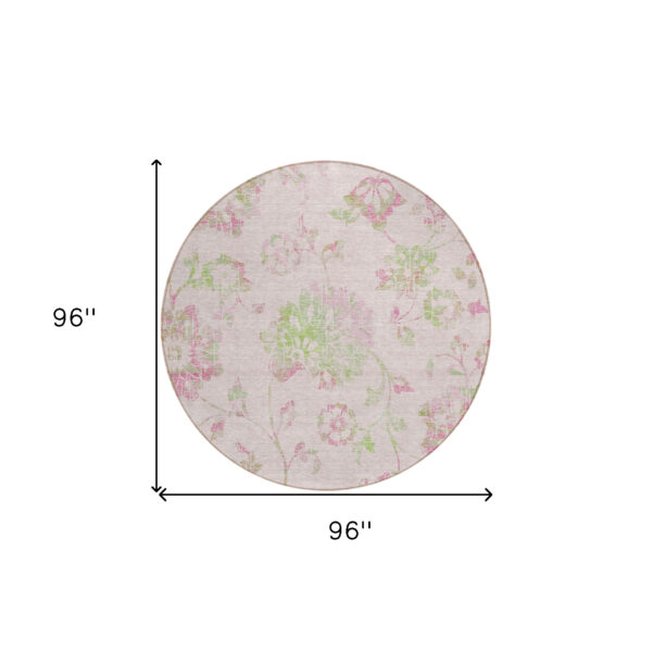 8' Pink Blush And Artichoke Green Round Floral Washable Indoor Outdoor Area Rug