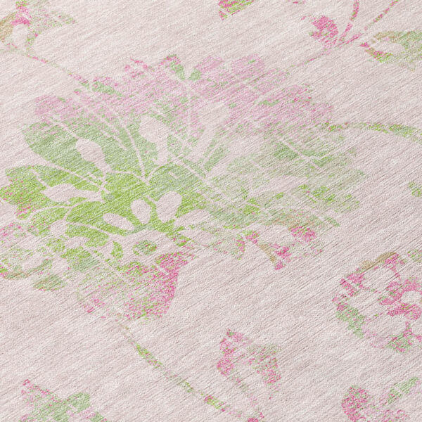 8' Pink Blush And Artichoke Green Round Floral Washable Indoor Outdoor Area Rug