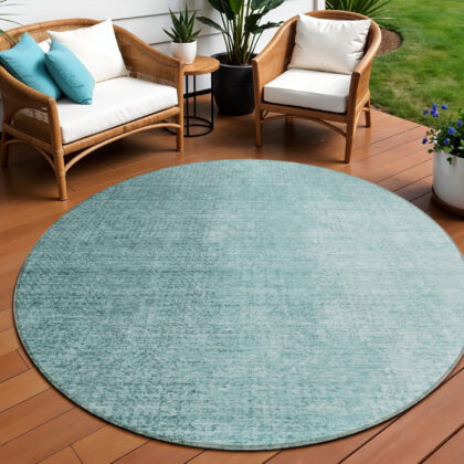 8' Teal Blue And Aqua Round Abstract Washable Indoor Outdoor Area Rug