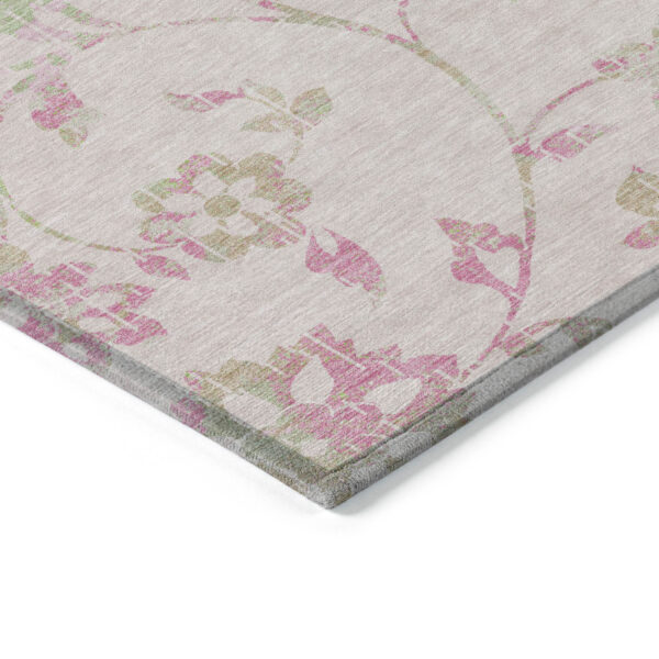 8' Pink Blush And Artichoke Green Round Floral Washable Indoor Outdoor Area Rug