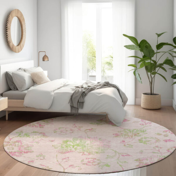 8' Pink Blush And Artichoke Green Round Floral Washable Indoor Outdoor Area Rug